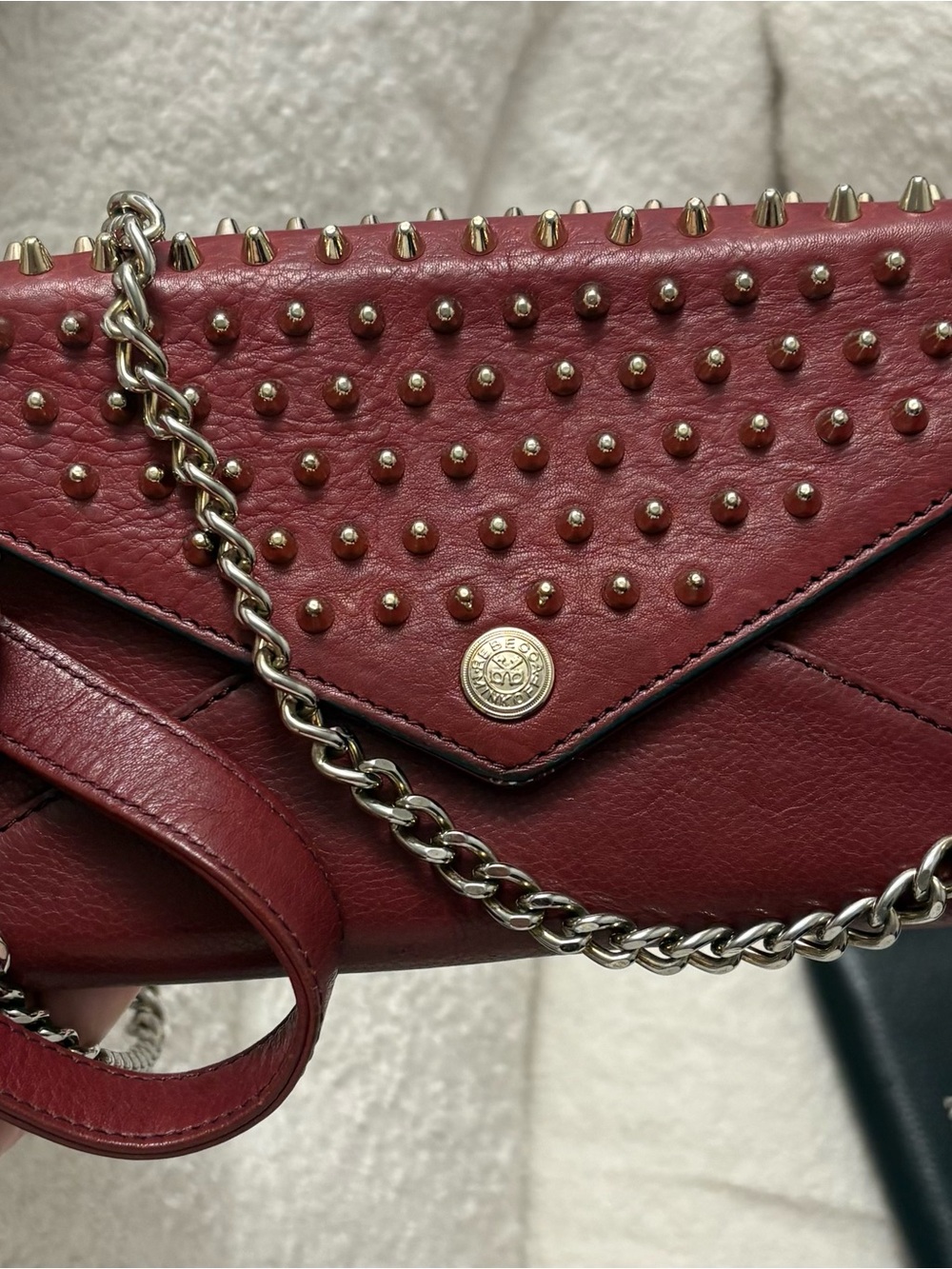 REBECCA MINKOFF Burgundy Studded Leather Envelope Crossbody Bag